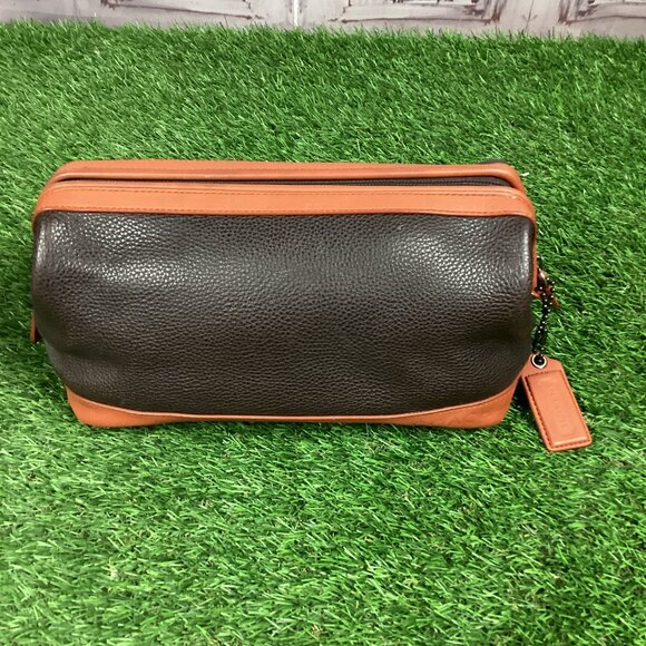 Coach Black & Dark Tan Leather Toiletry Bag Case - Picture 1 of 16